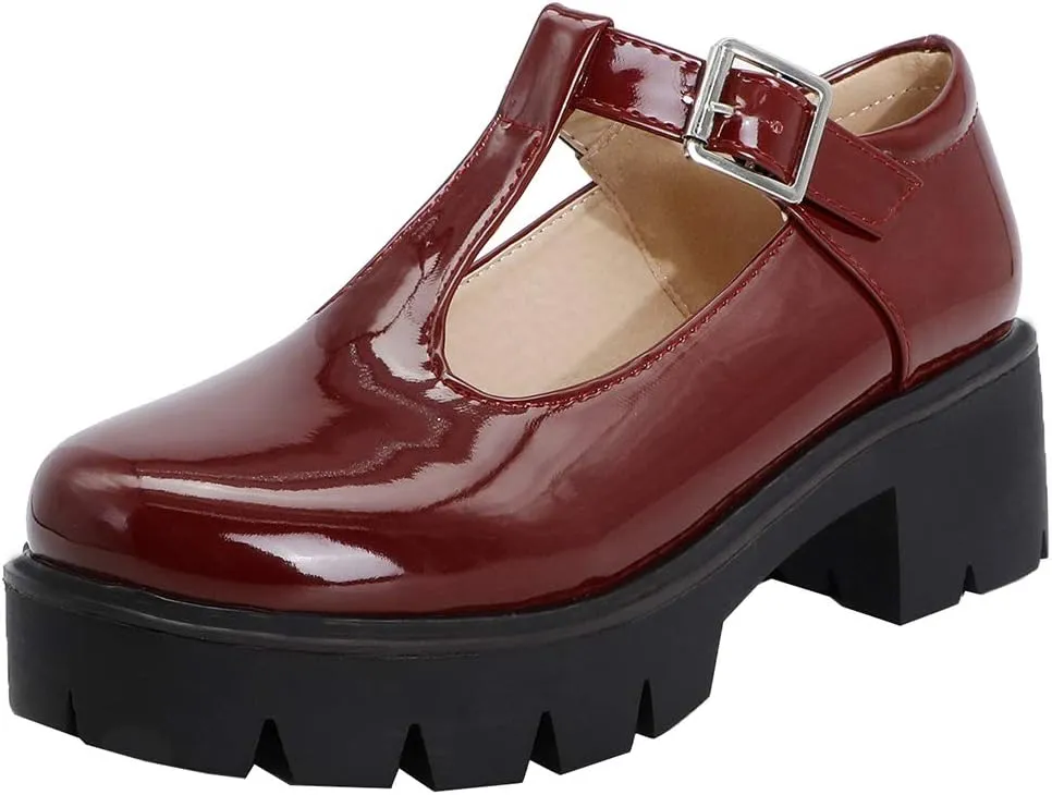 Chunky Mid Heels Oxfords Lug Sole Brogues T-Strap Patent Platform Pumps Gothic Buckled Shoes