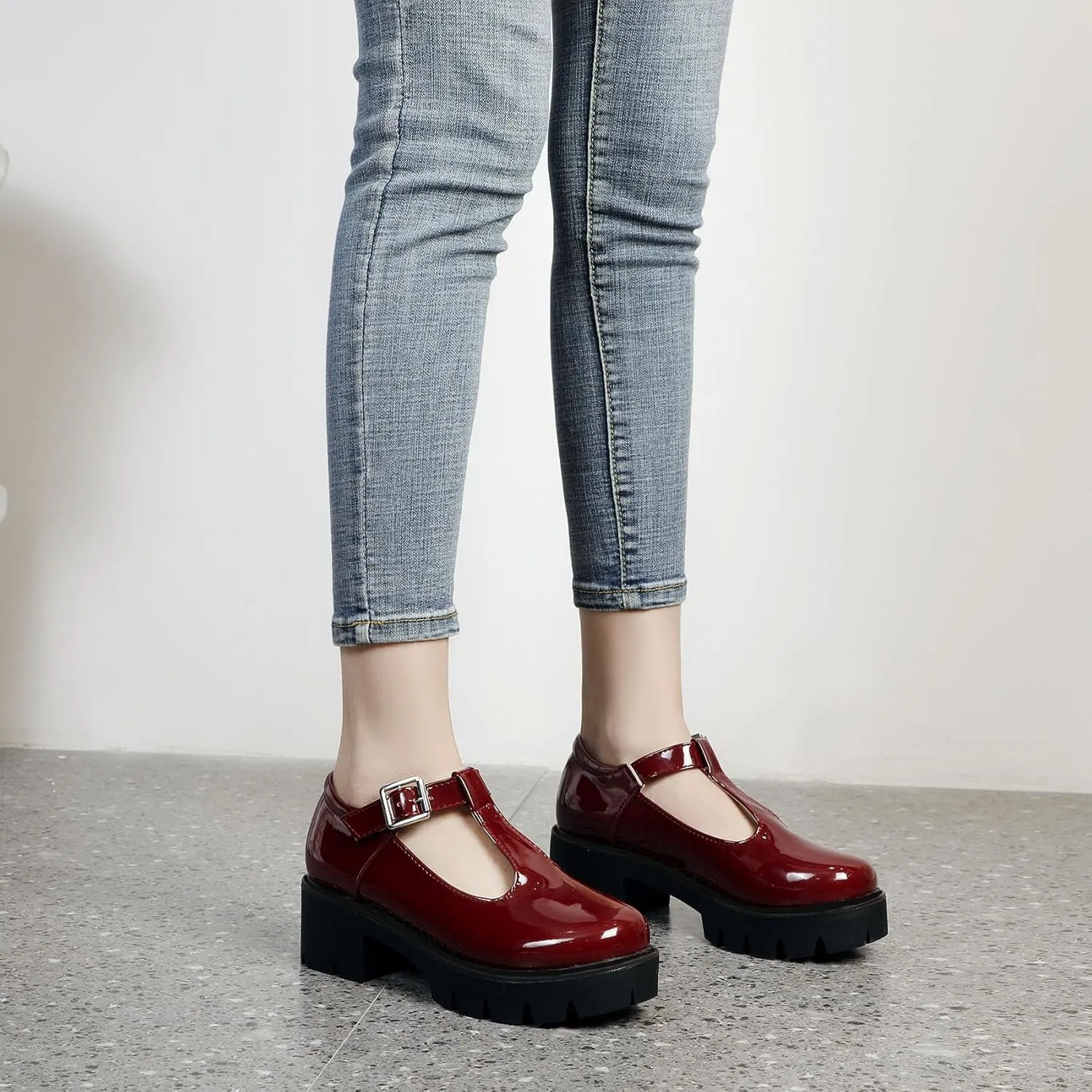 Chunky Mid Heels Oxfords Lug Sole Brogues T-Strap Patent Platform Pumps Gothic Buckled Shoes