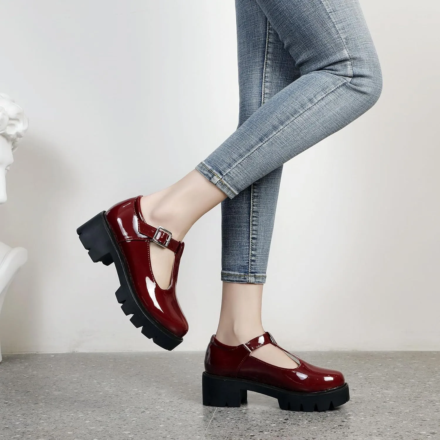 Chunky Mid Heels Oxfords Lug Sole Brogues T-Strap Patent Platform Pumps Gothic Buckled Shoes