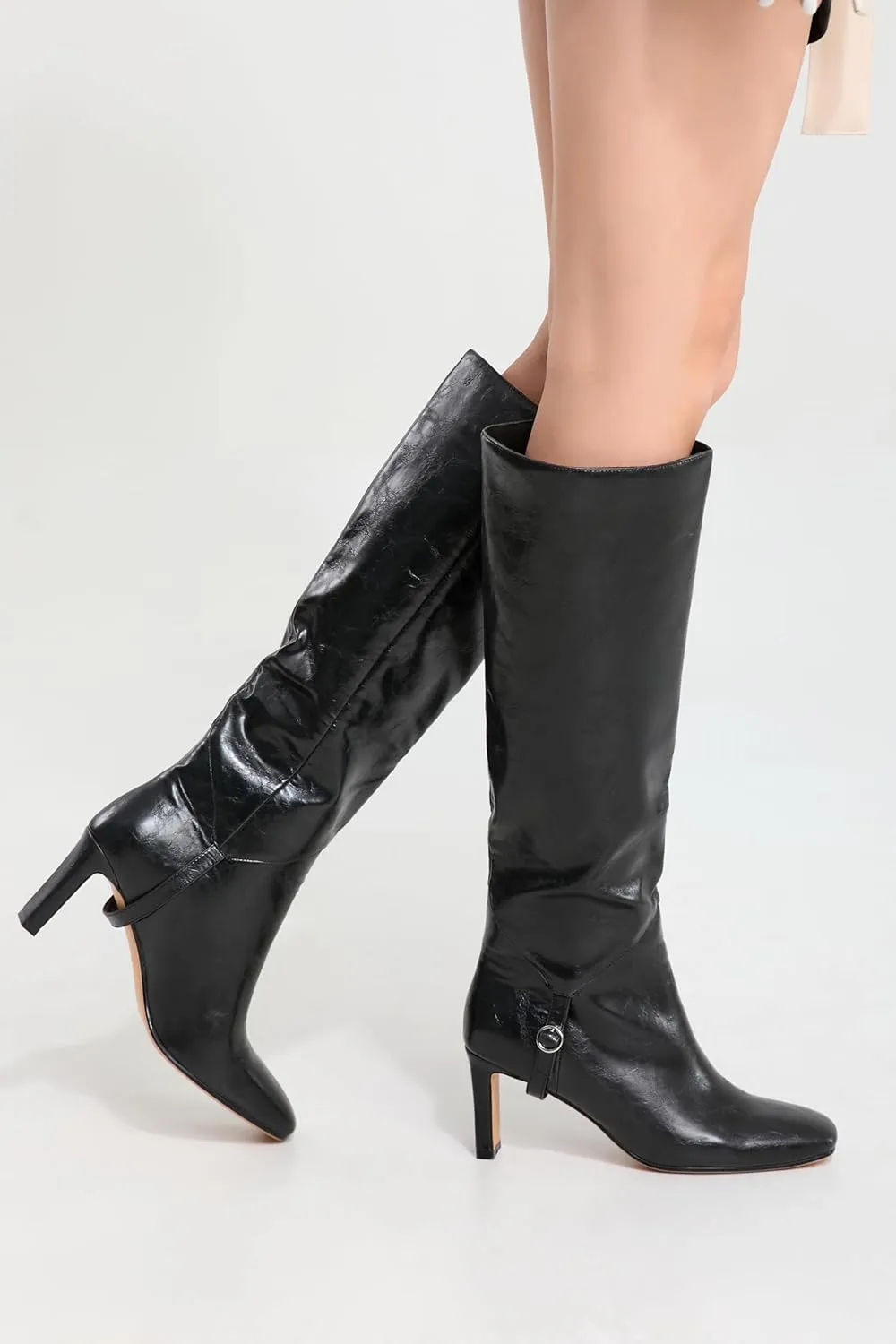 Knee High Boots for Women Square Toe and 3 IN Block Low Heel Boots Buckle Design Womens Fashion Tall Boots