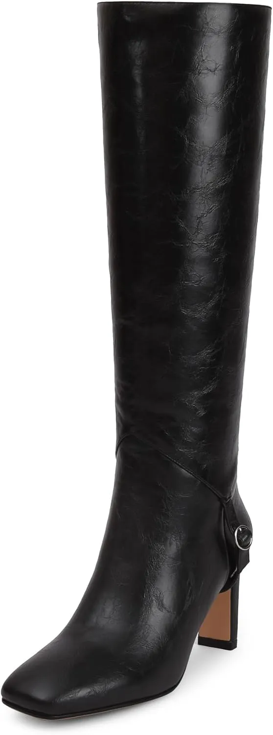 Knee High Boots for Women Square Toe and 3 IN Block Low Heel Boots Buckle Design Womens Fashion Tall Boots