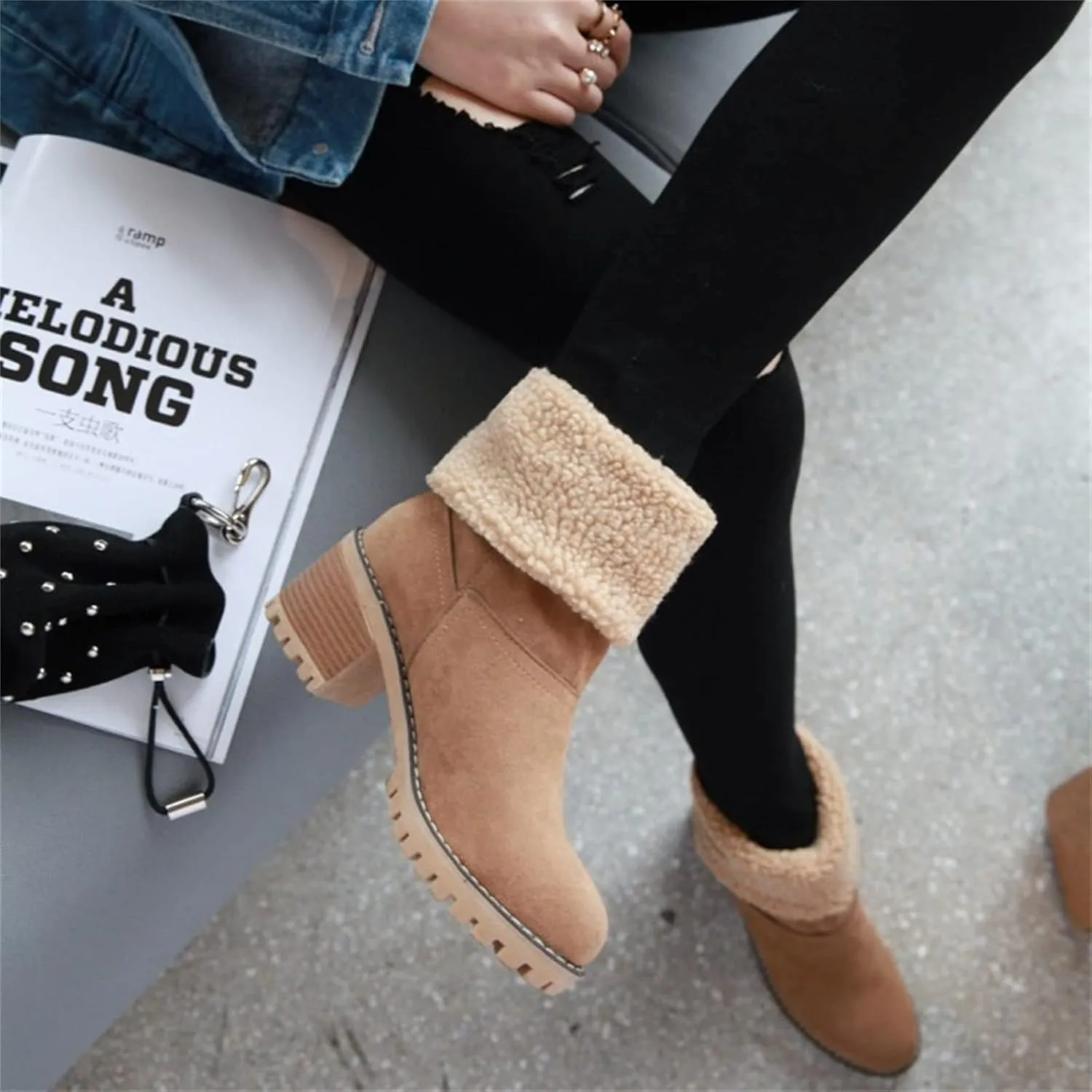Ladmiple Snow Boots For Women Tall Mid Calf Warm Fur Lined Winter Boots Outdoor Slip On Comfortable Fashion Walking Shoes