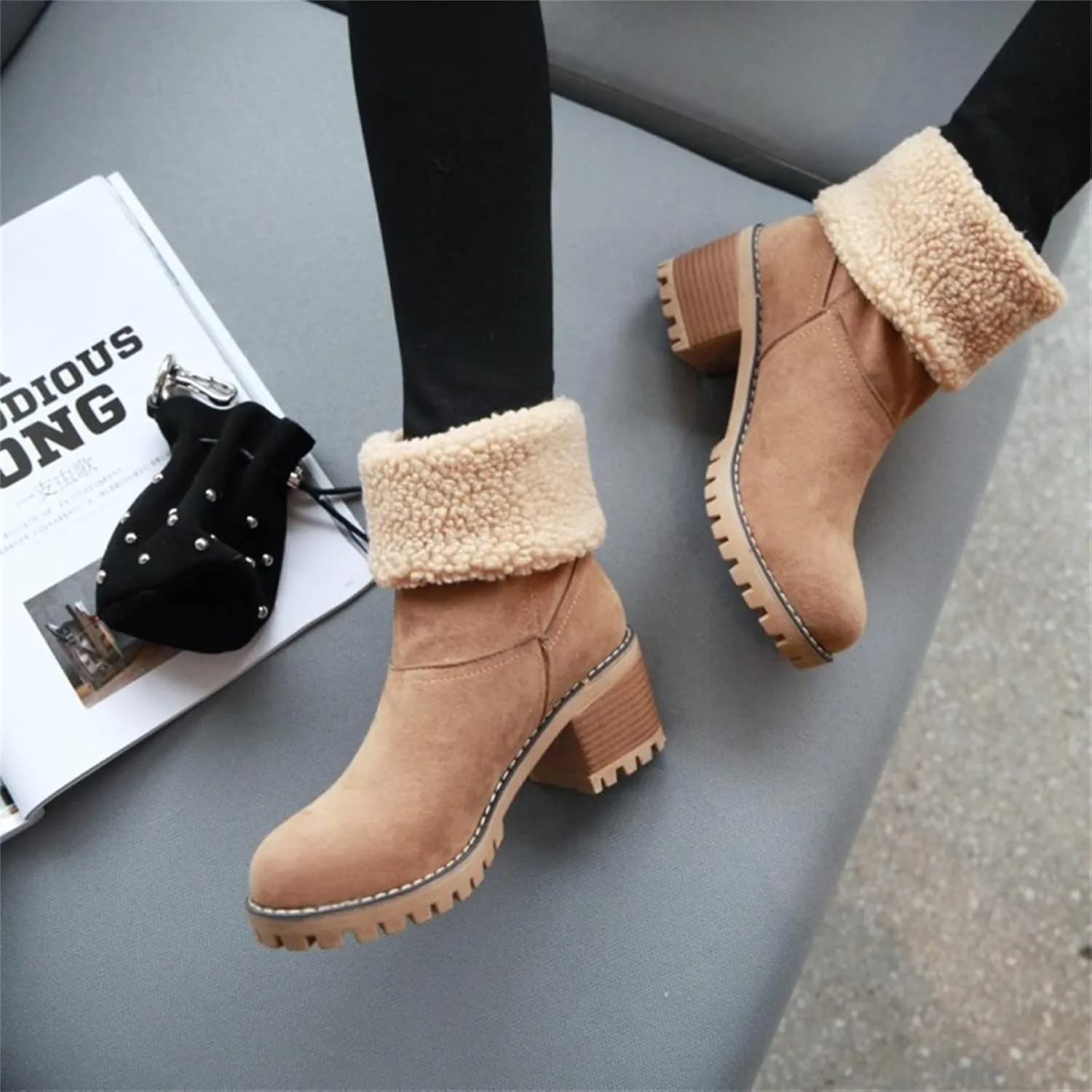 Ladmiple Snow Boots For Women Tall Mid Calf Warm Fur Lined Winter Boots Outdoor Slip On Comfortable Fashion Walking Shoes