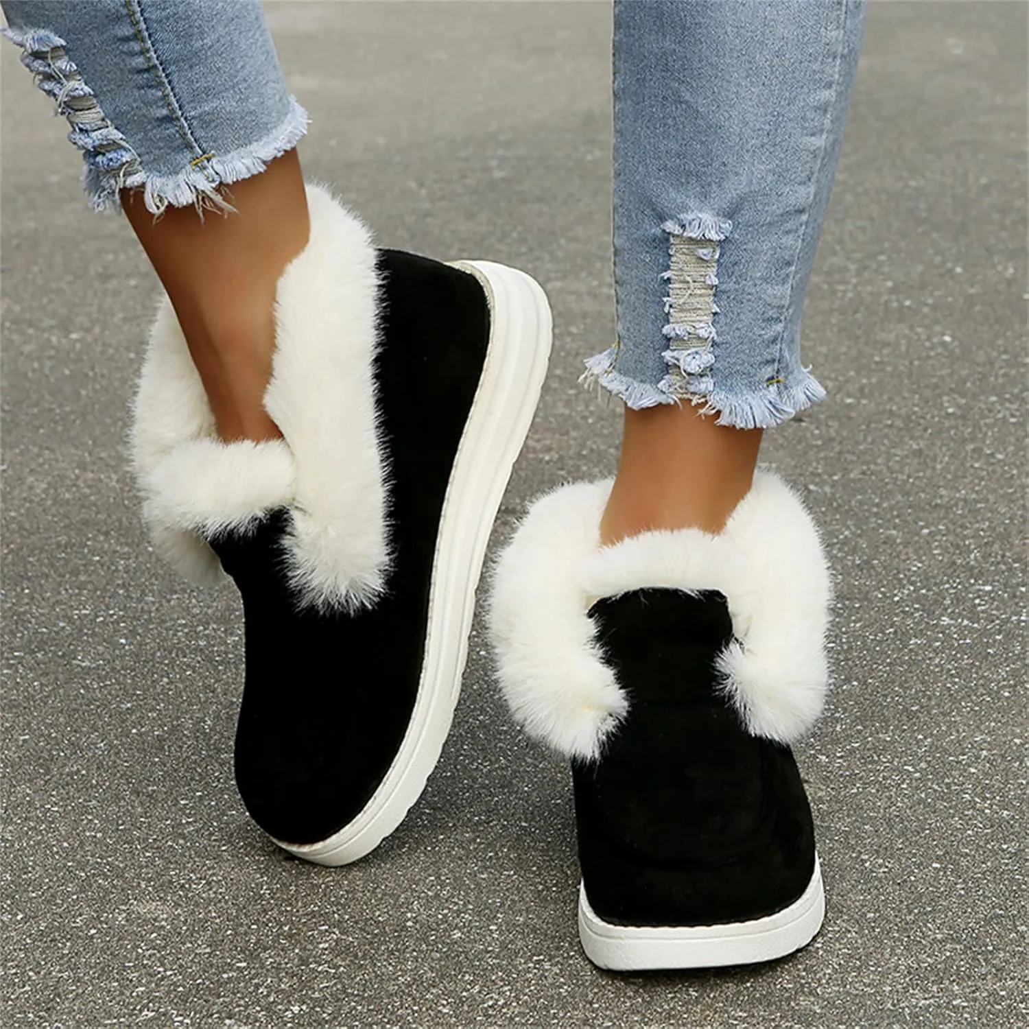 Lausiuoe Cute Winter Boots For Women Fashion Snow Boots Fur Lined Warm Fuzzy Ankle Booties Casual Slip On Loafers Shoes 2024