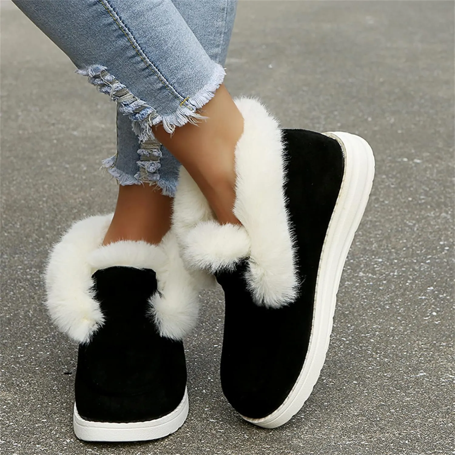 Lausiuoe Cute Winter Boots For Women Fashion Snow Boots Fur Lined Warm Fuzzy Ankle Booties Casual Slip On Loafers Shoes 2024