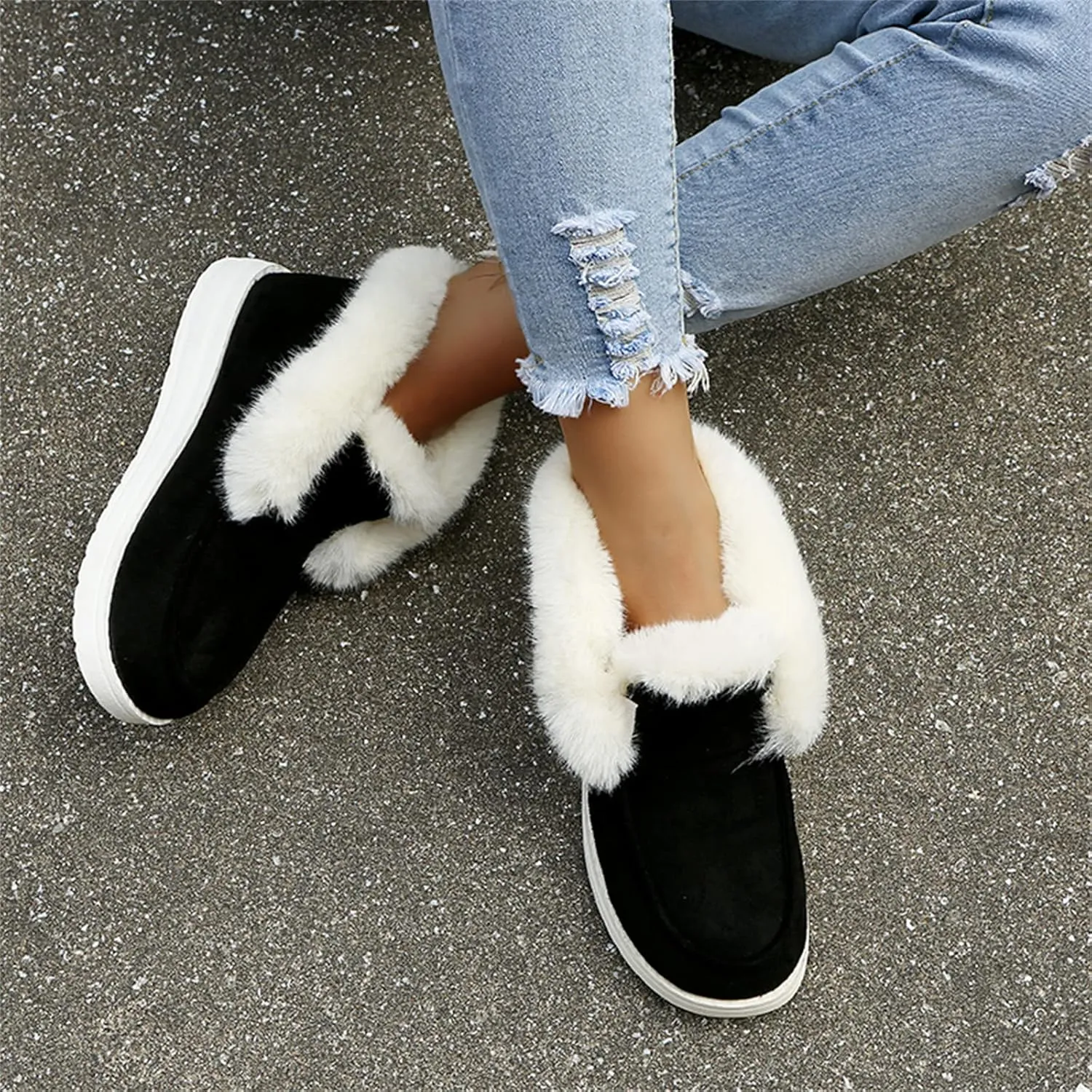 Lausiuoe Cute Winter Boots For Women Fashion Snow Boots Fur Lined Warm Fuzzy Ankle Booties Casual Slip On Loafers Shoes 2024