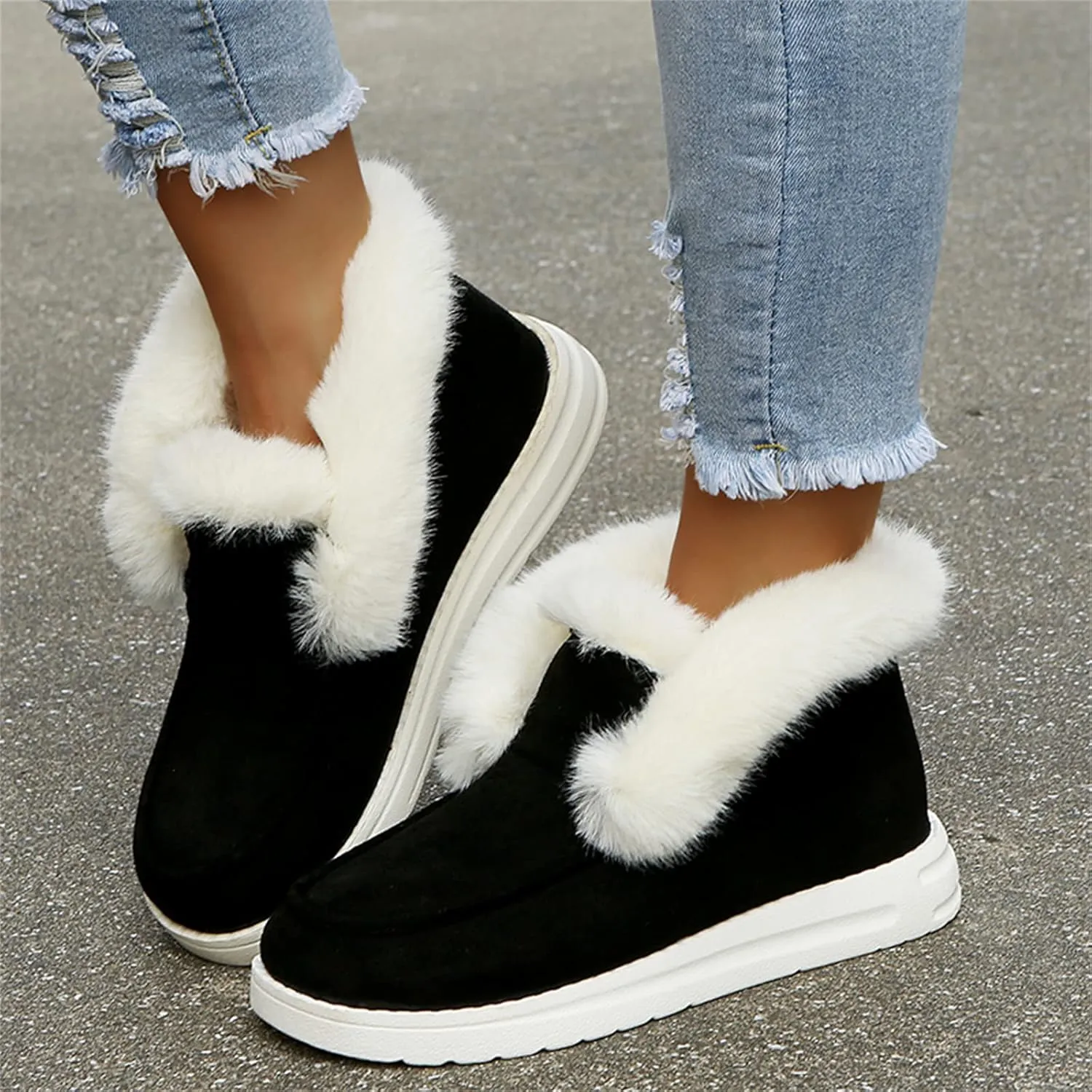 Lausiuoe Cute Winter Boots For Women Fashion Snow Boots Fur Lined Warm Fuzzy Ankle Booties Casual Slip On Loafers Shoes 2024