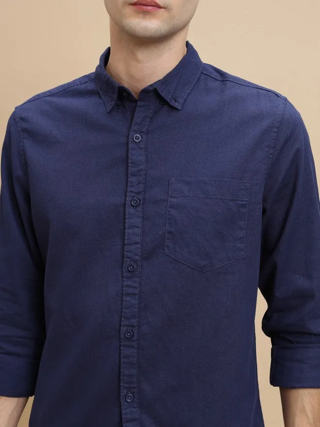 Men Blue Solid Slim Fit Casual Shirt