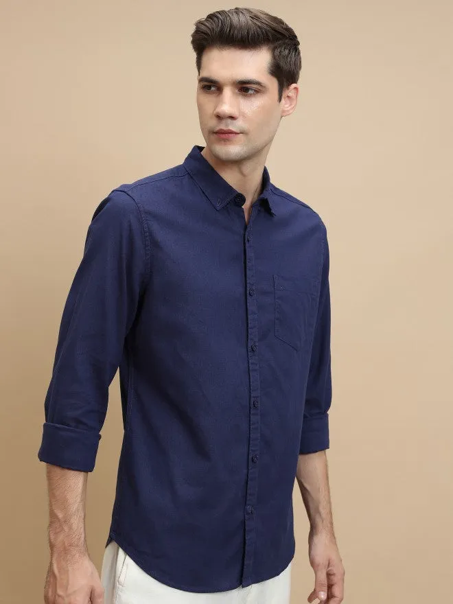 Men Blue Solid Slim Fit Casual Shirt