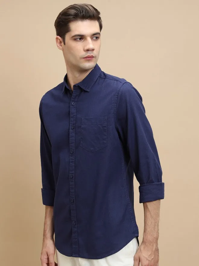Men Blue Solid Slim Fit Casual Shirt