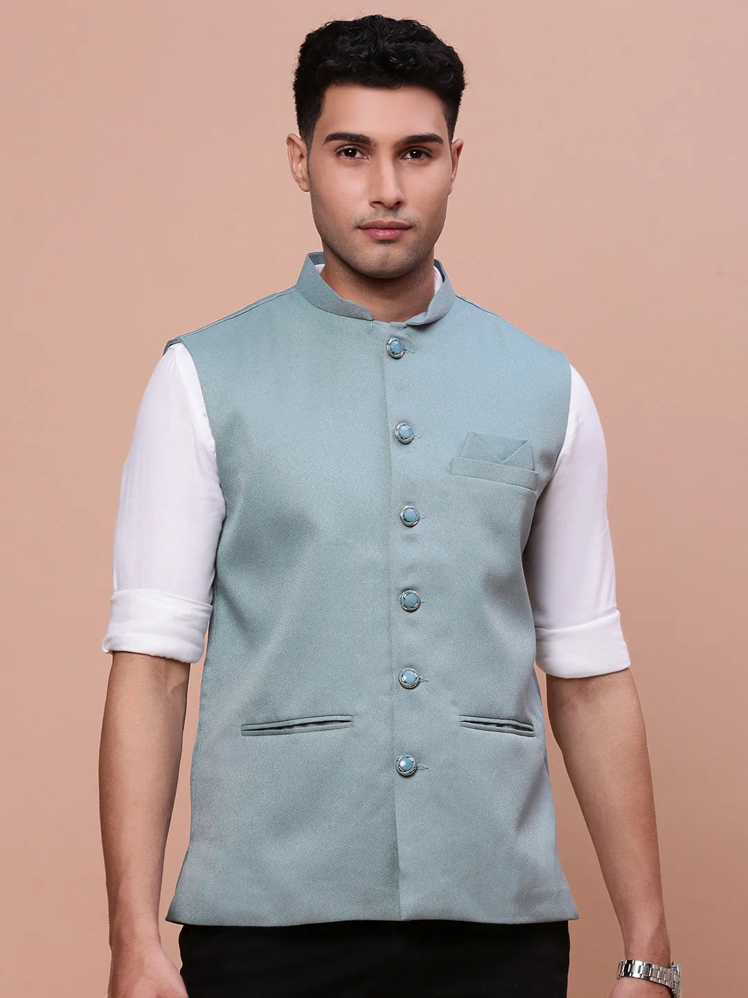 Men Solid Sea Green Slim Fit Nehru Jacket