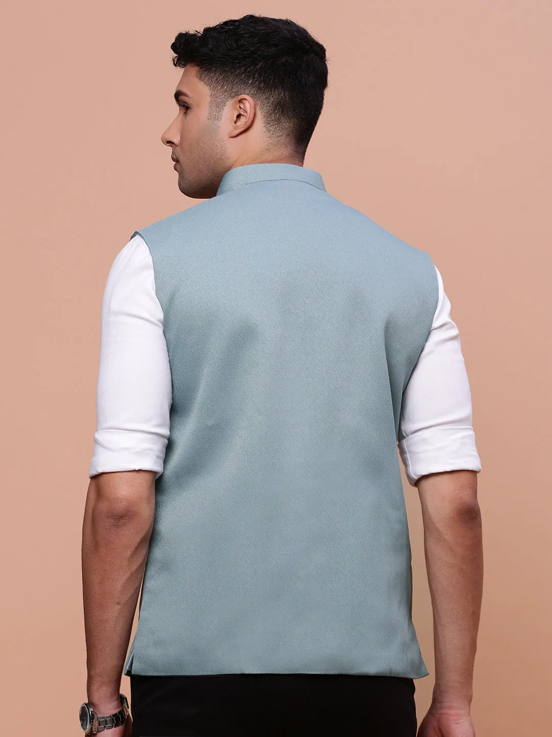 Men Solid Sea Green Slim Fit Nehru Jacket