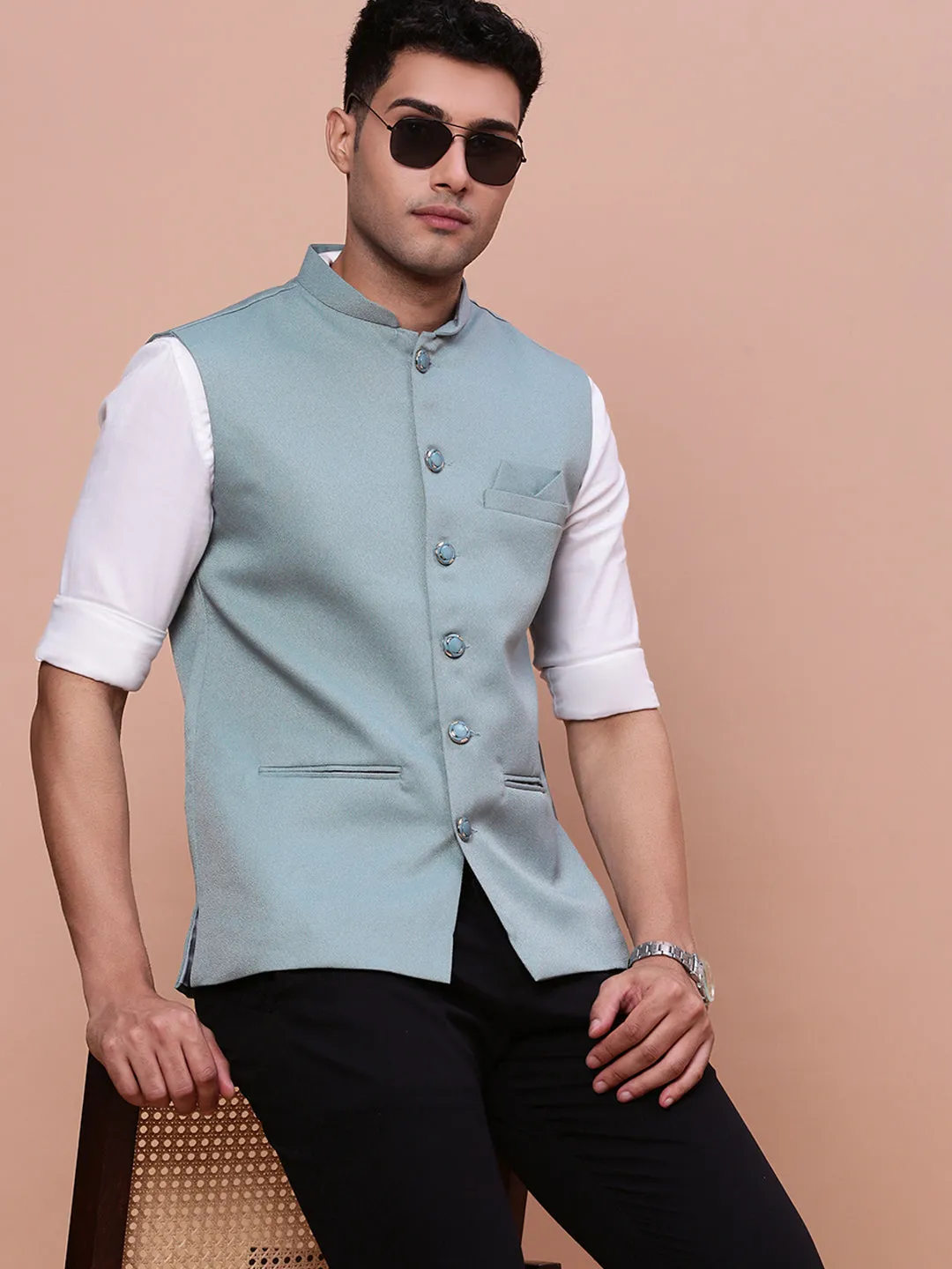 Men Solid Sea Green Slim Fit Nehru Jacket