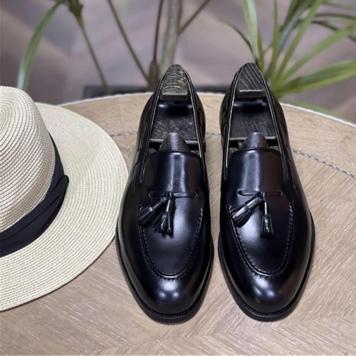 Men's Dress Shoes Slip-On Leather Formal Shoes Fashion Casual Tassel Slip on Driving Flats Dress Shoes-Black||41