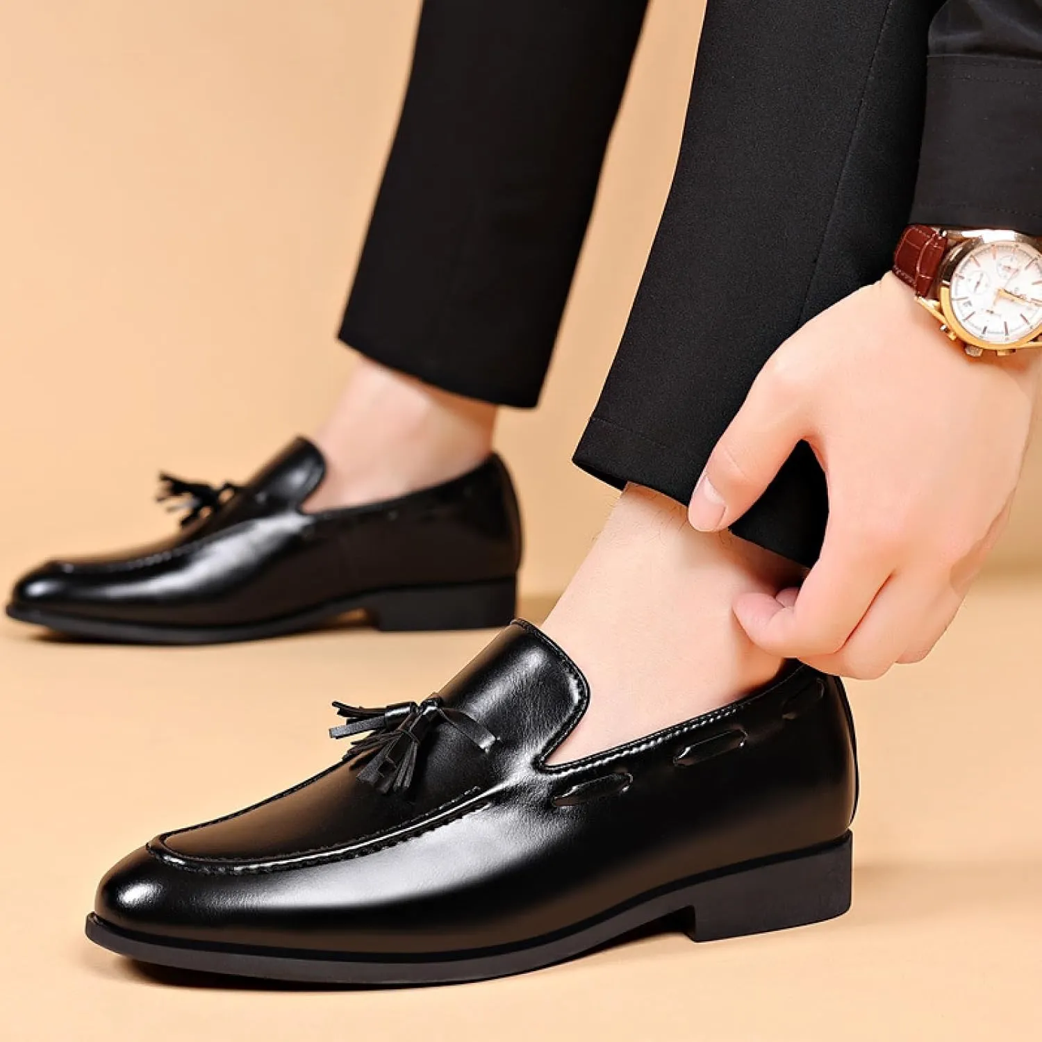 Men's Dress Shoes Slip-On Leather Formal Shoes Fashion Casual Tassel Slip on Driving Flats Dress Shoes-Black||41