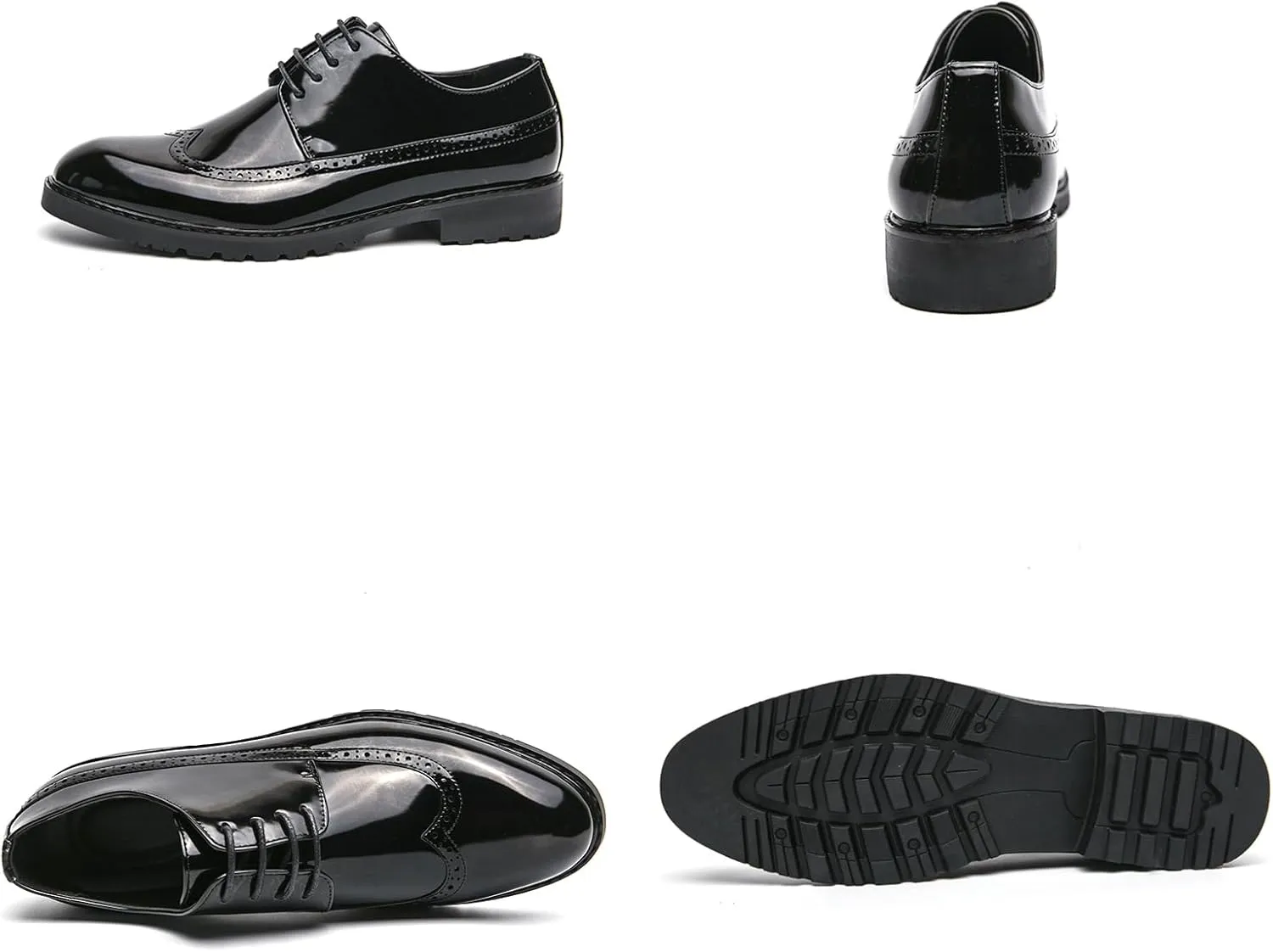 Men's Patent Leather Wing Tips Carved Brogue Oxfords Fashion Classic Round-Toe Lace Up Low Top Dress Shoes Hand Stitched Business Formal Derby Shoes