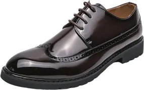 Men's Patent Leather Wing Tips Carved Brogue Oxfords Fashion Classic Round-Toe Lace Up Low Top Dress Shoes Hand Stitched Business Formal Derby Shoes