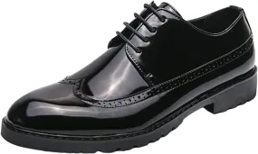 Men's Patent Leather Wing Tips Carved Brogue Oxfords Fashion Classic Round-Toe Lace Up Low Top Dress Shoes Hand Stitched Business Formal Derby Shoes