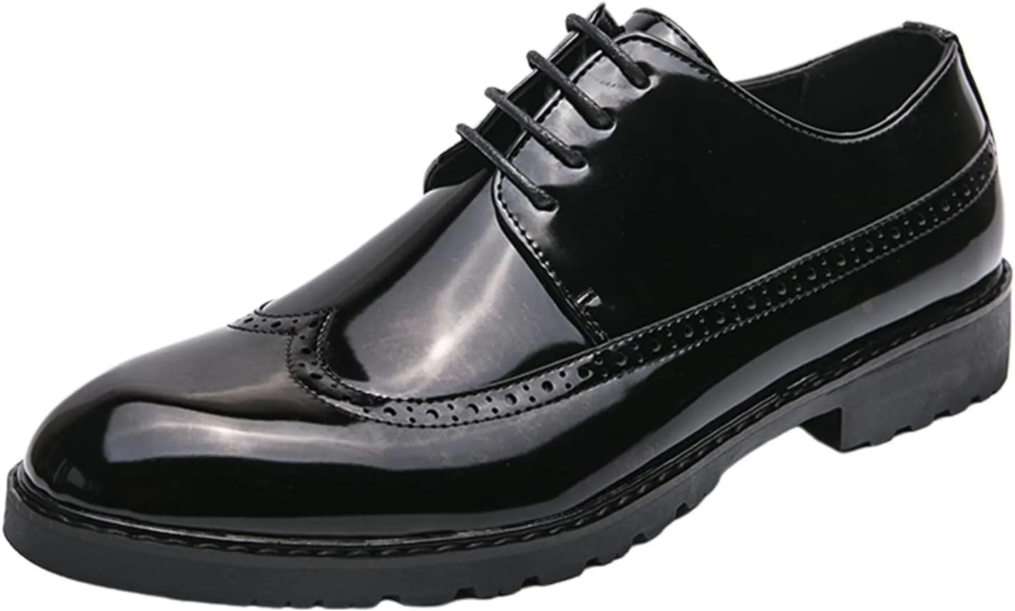Men's Patent Leather Wing Tips Carved Brogue Oxfords Fashion Classic Round-Toe Lace Up Low Top Dress Shoes Hand Stitched Business Formal Derby Shoes
