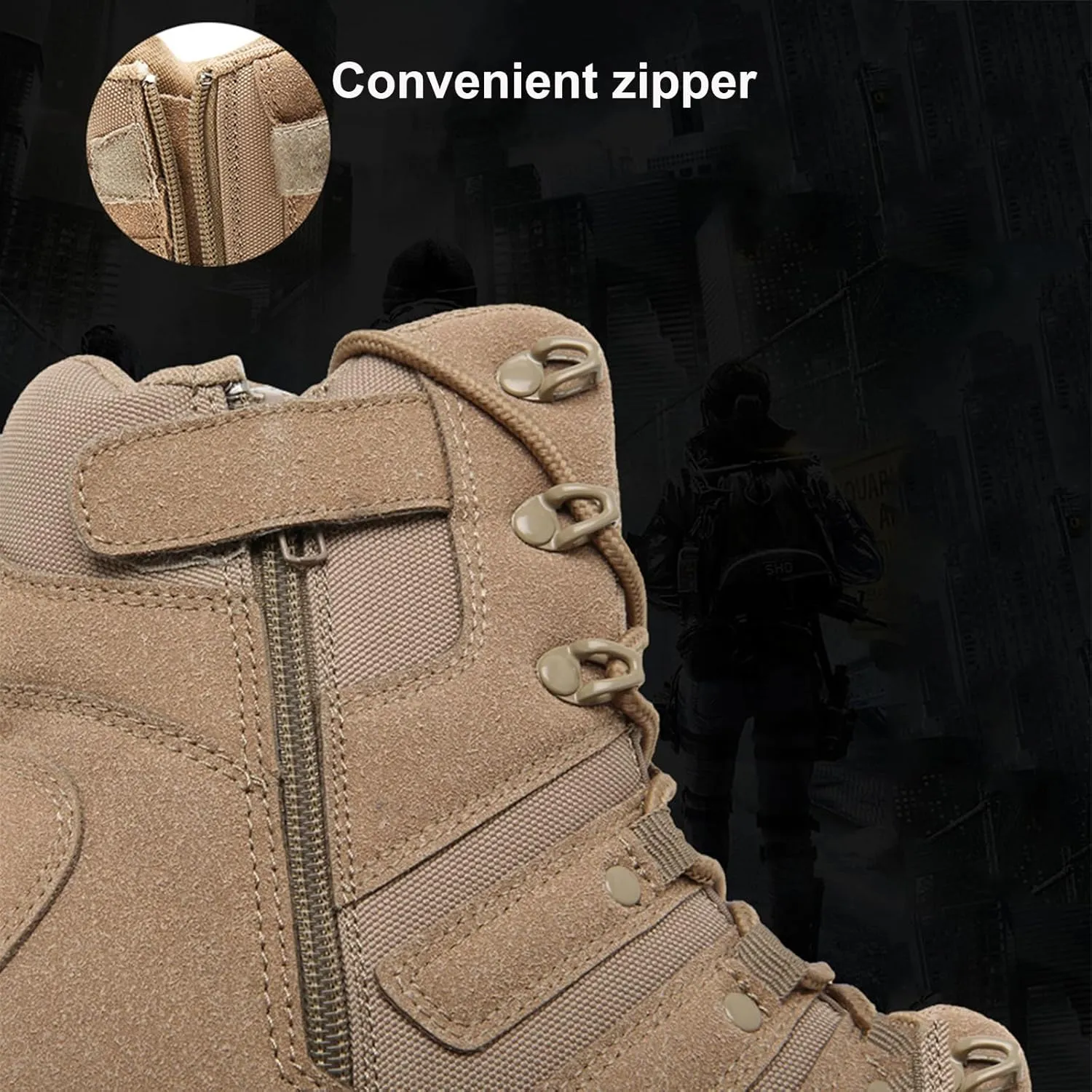 Men's Tactical Boots, Breathable Work Trainers, Lightweight Safety Trainers, with Side Zipper, for Hiking, Working, Walking, Climbing