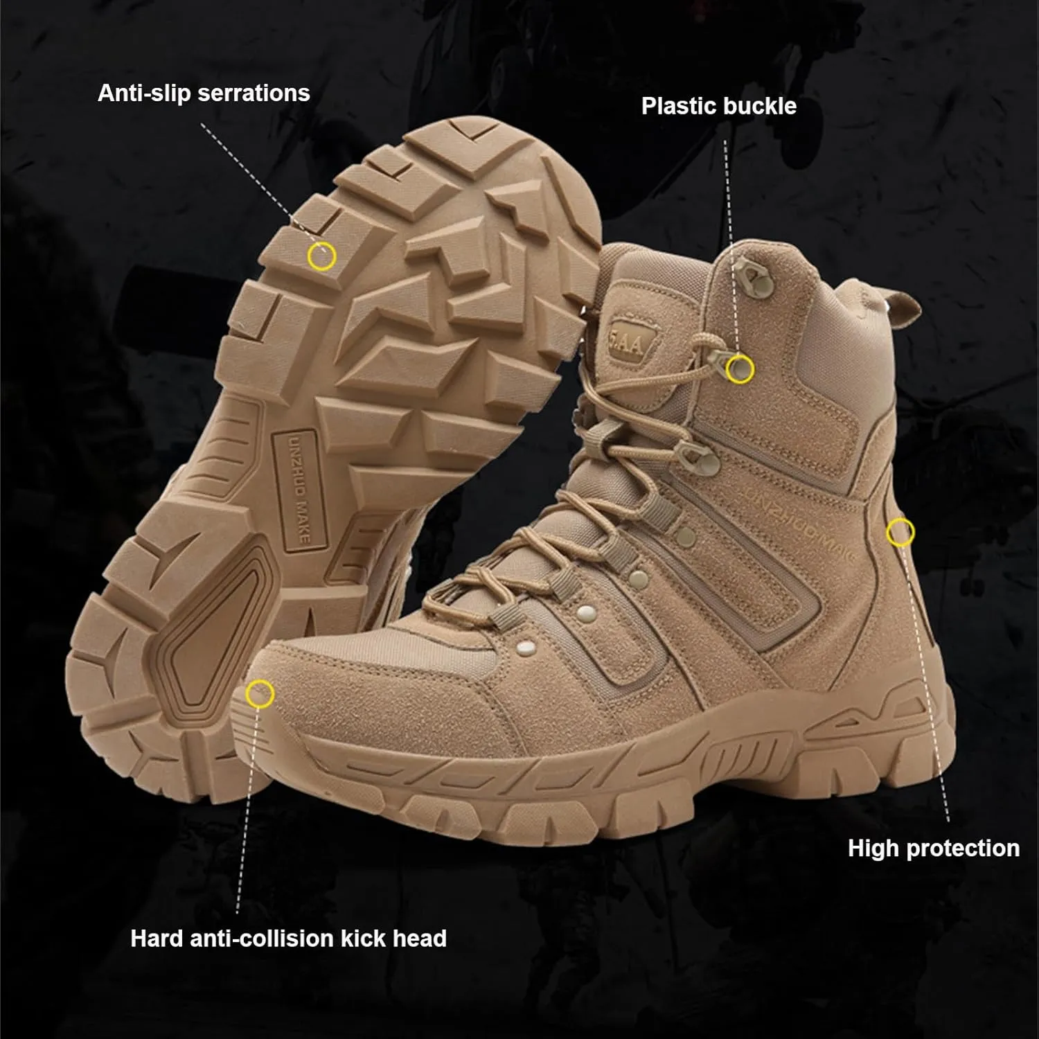 Men's Tactical Boots, Breathable Work Trainers, Lightweight Safety Trainers, with Side Zipper, for Hiking, Working, Walking, Climbing