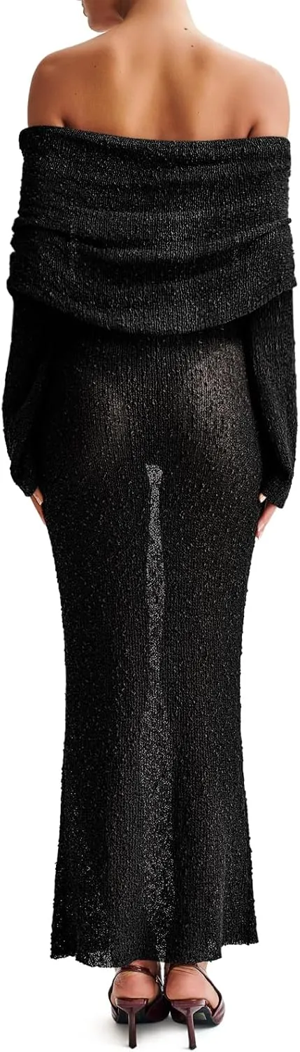 Off The Shoulder Maxi Dress Long Sleeve Beach Crochet Cover Up Summer Sexy Maxi Dresses S-2XL