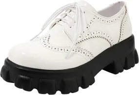 Parisuit Womens Lace Up Wingtip Chunky Oxford Shoes Patent Leather Platform Brogue Pumps