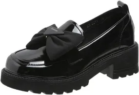 Patent Leather Loafers for Women Slip-On Platform Chunky Heel Bow Loafers Dress Oxfords Shoes Casual Business Work Shoes (Black,4.5)
