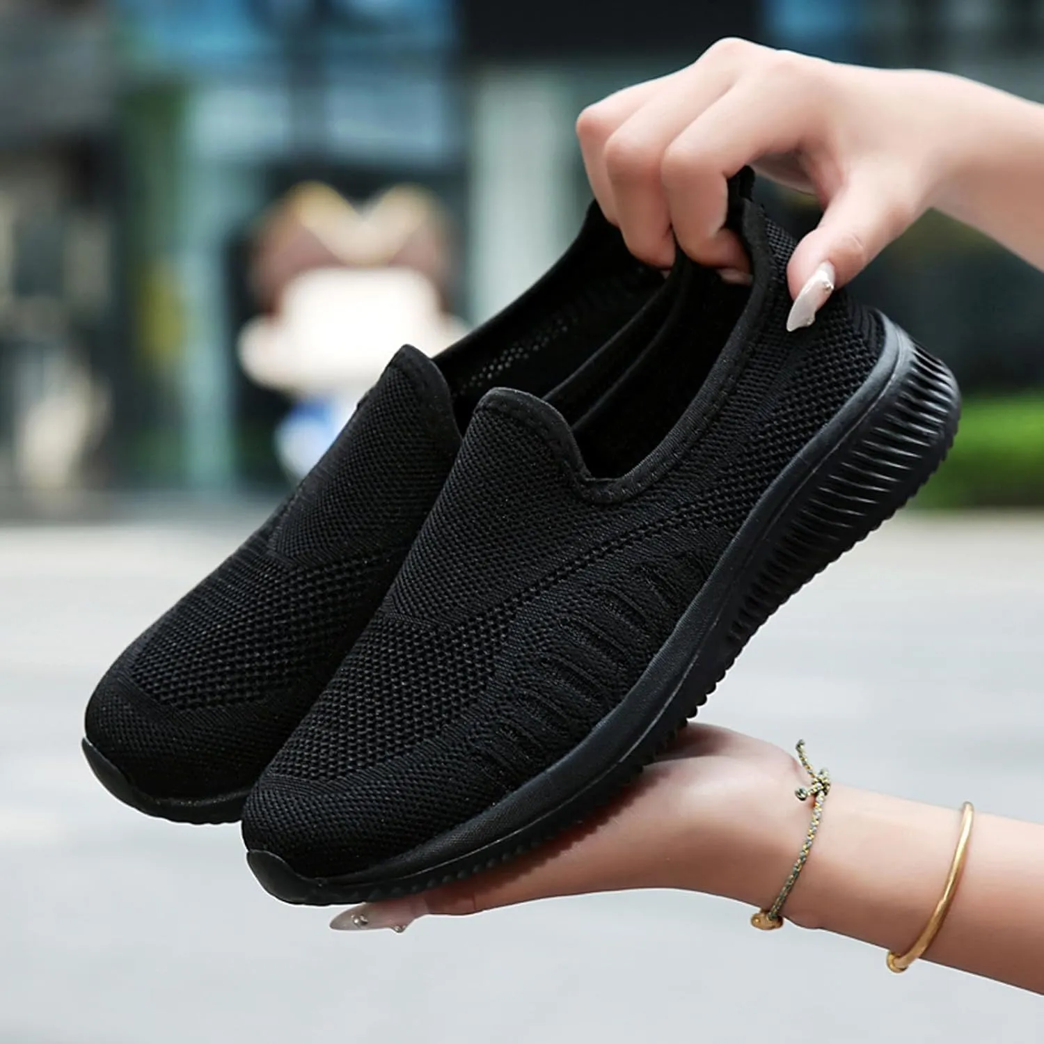 SECHRITE Women's Slip On Walking Shoes Mesh Orthopedic Shoes Slip On Comfortable Tennis Sneakers Workout Hands Free Shoes