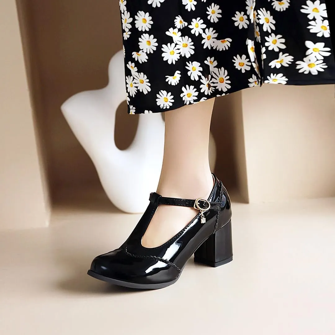 Women's Mary Jane T Strap Shoes, Chunky Mary Jane Heels, Vintage Brogue Low Heel Oxford Pumps