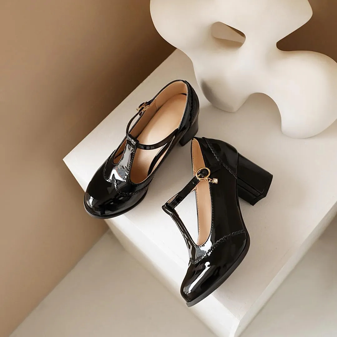 Women's Mary Jane T Strap Shoes, Chunky Mary Jane Heels, Vintage Brogue Low Heel Oxford Pumps