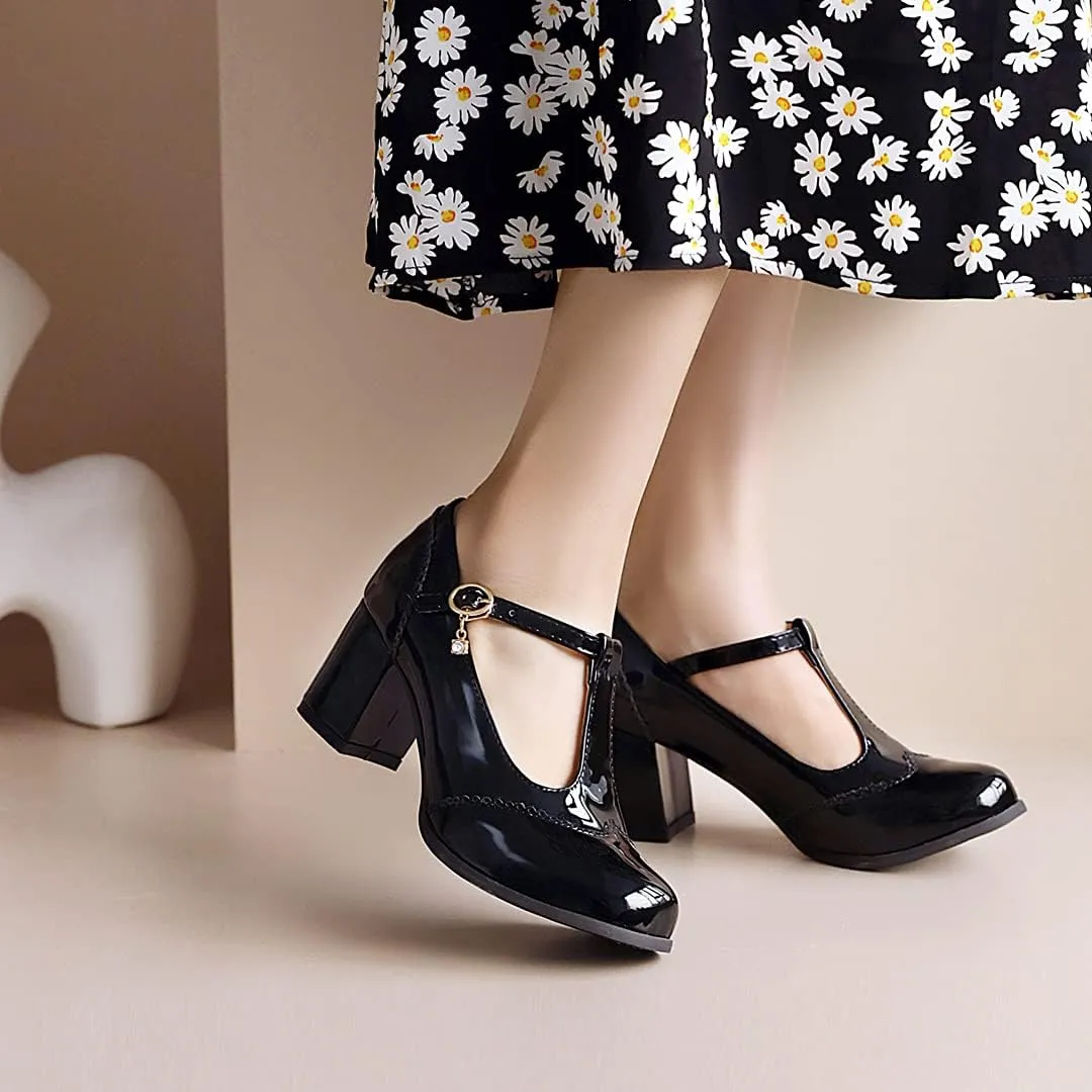 Women's Mary Jane T Strap Shoes, Chunky Mary Jane Heels, Vintage Brogue Low Heel Oxford Pumps