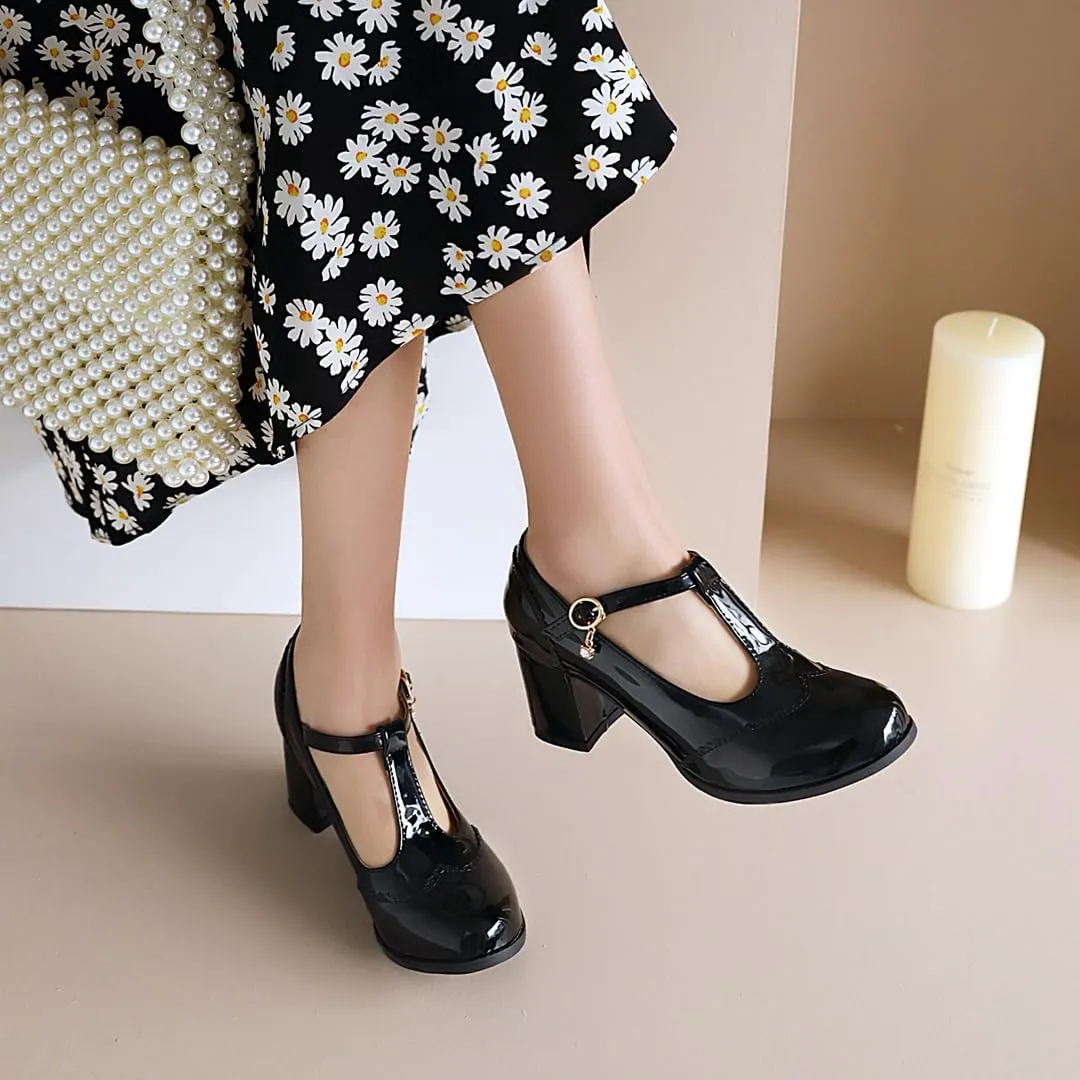 Women's Mary Jane T Strap Shoes, Chunky Mary Jane Heels, Vintage Brogue Low Heel Oxford Pumps