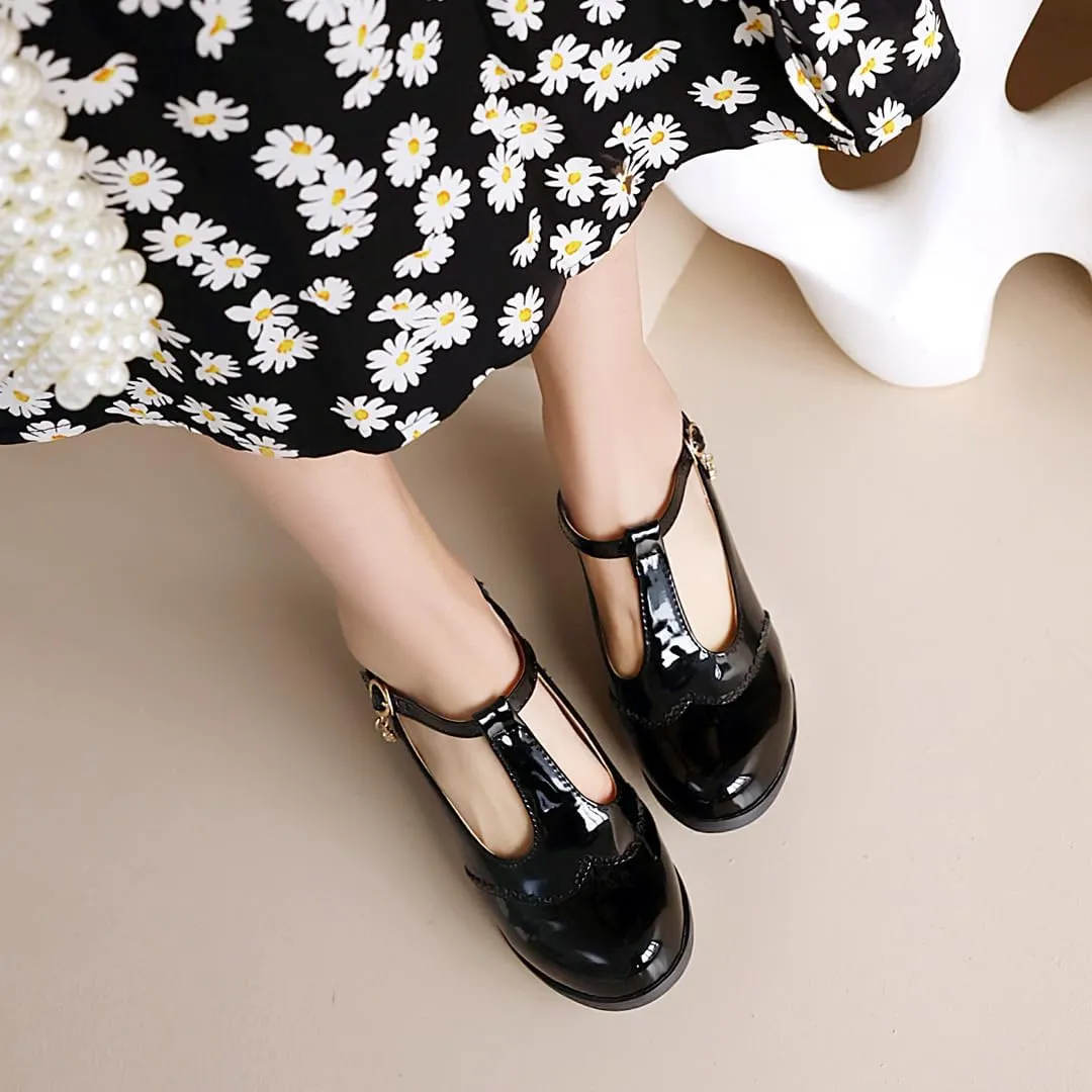Women's Mary Jane T Strap Shoes, Chunky Mary Jane Heels, Vintage Brogue Low Heel Oxford Pumps