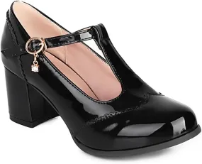 Women's Mary Jane T Strap Shoes, Chunky Mary Jane Heels, Vintage Brogue Low Heel Oxford Pumps